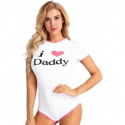 Shapewear Women's Adult I Love Daddy Pattern Button Crotch Romper Bodysuit Pajamas - Pink - CN18GMXHTEY