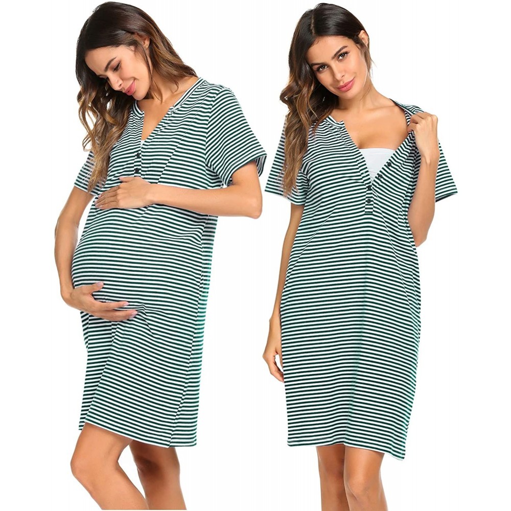 Nightgowns & Sleepshirts Women Short Sleeve Nightgown Striped Nursing Nightgown Breastfeeding Sleep Dress - Dark Green - CH18...