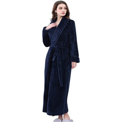 Robes Extended Flannel Warm Coral Plaid Bathrobe Pajamas - Navy Blue-women - CY1932DLMGM