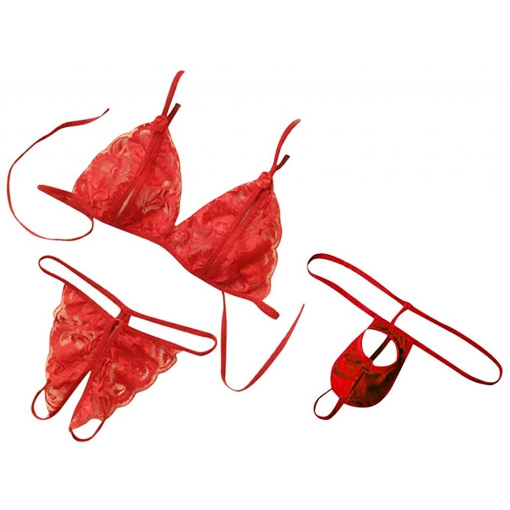 Robes Men's Women's Valentine's Day Lingerie Set Couple's Sexy Lace Transparent Bra Thong 3Pcs Set - Red - CZ194CT2LYY