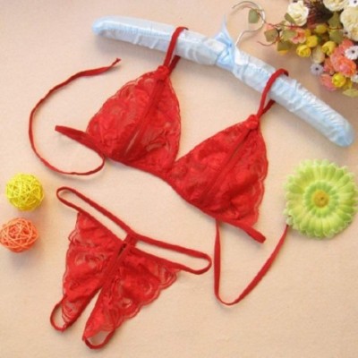 Robes Men's Women's Valentine's Day Lingerie Set Couple's Sexy Lace Transparent Bra Thong 3Pcs Set - Red - CZ194CT2LYY