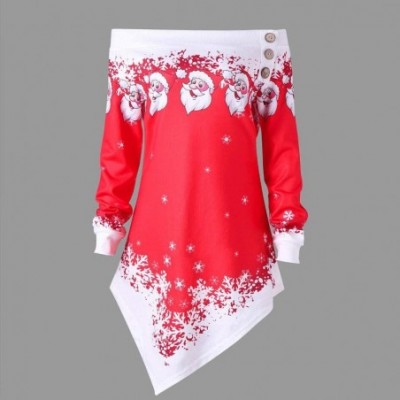 Shapewear Womens Christmas Santa Off Shoulder Asymmetric Snowflake Sweater Pullover - Red - C818IK09TOW