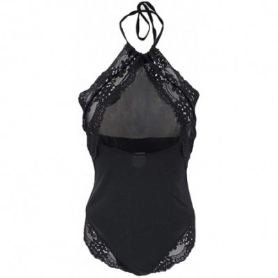 Baby Dolls & Chemises Women Sexy Lingerie Lace Teddy One Piece Halter Mesh Mini Bodysuit Babydoll Underwear - Black - CK18TEC...