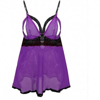 Baby Dolls & Chemises Women's Plus Size Lingerie Sexy Lace Mesh Babydoll Sleep Strap Chemise Dress Split Cup Sleepwear - Purp...