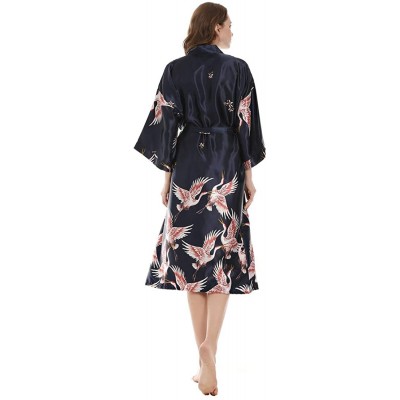 Robes Women's Long Classic Satin Kimono Lounge Bathrobe Robe Dressy Pajamas - Navy Blue - CA197KXYMZO