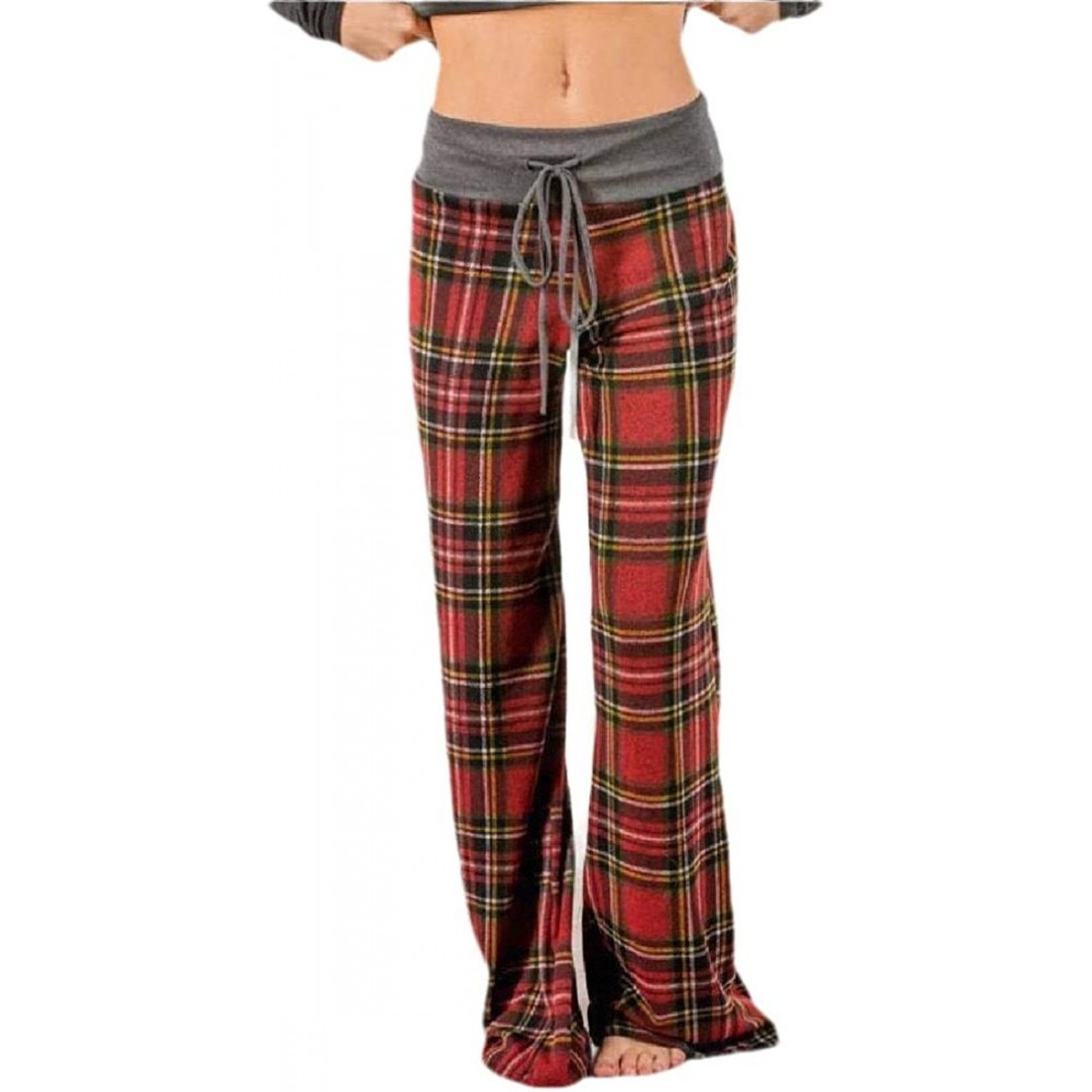 Bottoms Women's Casual Plaid Drawstring Long Wide Leg Lounge Pant - 3 - CO19DOD5A25