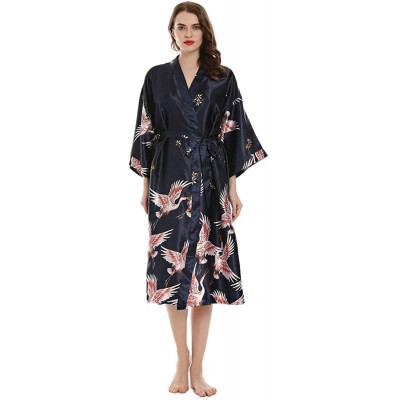 Robes Women's Long Classic Satin Kimono Lounge Bathrobe Robe Dressy Pajamas - Navy Blue - CA197KXYMZO