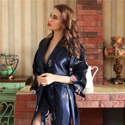 Robes Women's Long Classic Satin Kimono Lounge Bathrobe Robe Dressy Pajamas - Navy Blue - CA197KXYMZO