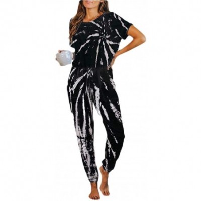 Sets Women Tie Dye Printed Long Pajamas Short Sleeve PJ Loungewear Nightwear Jumpsuits - Black - CG19D2KCT2C