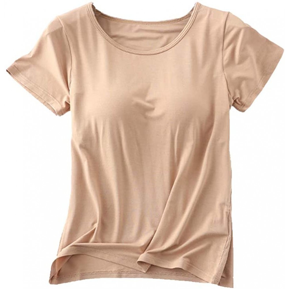 Tops Women's Modal Built-in Bra Padded Active Camisole Short Sleeves Pajama Casual Tops T-Shirt - Khaki - CF18UCASR3C