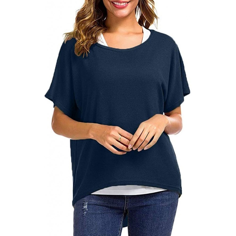 Tops Women's Spring Summer Casual Oversized Loose Short Sleeve Shirt Batwing Sleeve Pullover Top - Navy - CB1952KM8IX