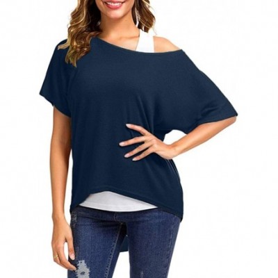 Tops Women's Spring Summer Casual Oversized Loose Short Sleeve Shirt Batwing Sleeve Pullover Top - Navy - CB1952KM8IX