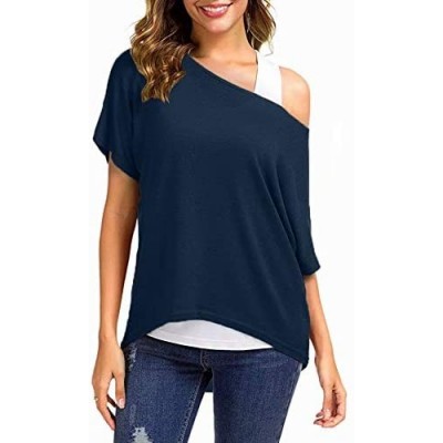 Tops Women's Spring Summer Casual Oversized Loose Short Sleeve Shirt Batwing Sleeve Pullover Top - Navy - CB1952KM8IX