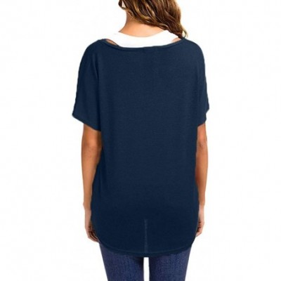 Tops Women's Spring Summer Casual Oversized Loose Short Sleeve Shirt Batwing Sleeve Pullover Top - Navy - CB1952KM8IX