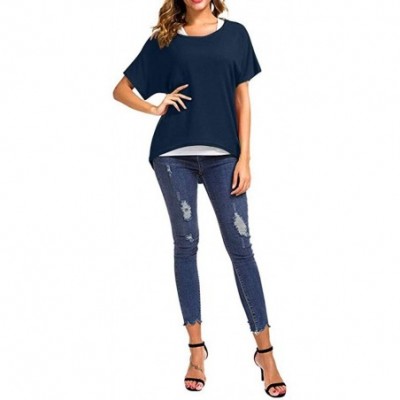 Tops Women's Spring Summer Casual Oversized Loose Short Sleeve Shirt Batwing Sleeve Pullover Top - Navy - CB1952KM8IX