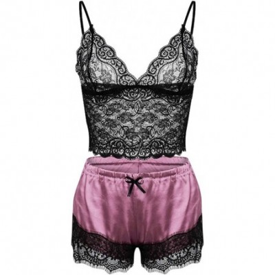 Tops Sexy Pajamas for Women Shorts Set Sling Sleepwear Lingerie Lace Nightwear - Za-hot Pink - C41954GULCN