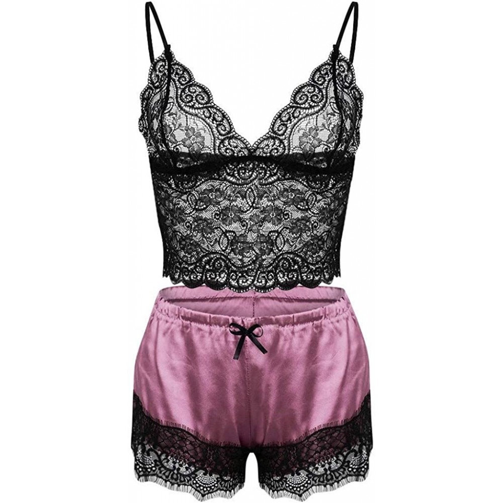 Tops Sexy Pajamas for Women Shorts Set Sling Sleepwear Lingerie Lace Nightwear - Za-hot Pink - C41954GULCN