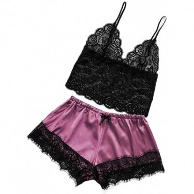 Tops Sexy Pajamas for Women Shorts Set Sling Sleepwear Lingerie Lace Nightwear - Za-hot Pink - C41954GULCN