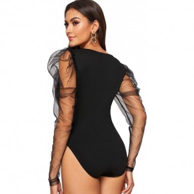 Shapewear Women's Fashion Contrast Mesh Long Sleeve Round Neck Skinny Bodysuit - Black-8 - C418ZSMQU3M