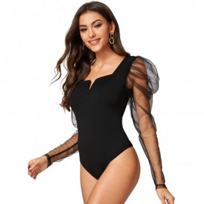 Shapewear Women's Fashion Contrast Mesh Long Sleeve Round Neck Skinny Bodysuit - Black-8 - C418ZSMQU3M