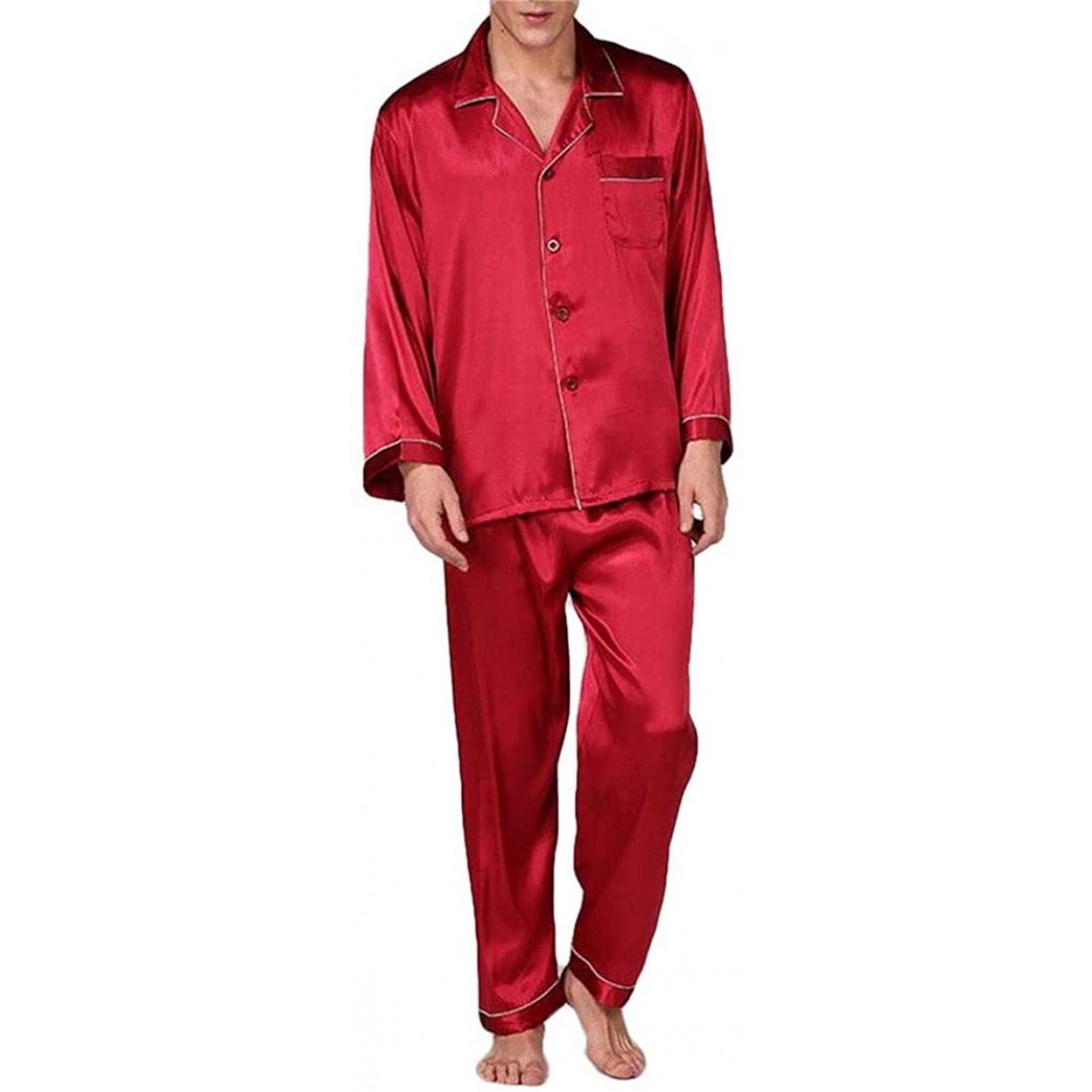 Sleep Sets Men's Silk Satin Pajama Set Long Sleeve Classic Luxury Sleepwear Home Clothes - Red - C519CQ4QQQA