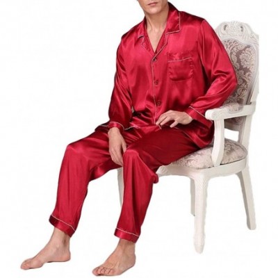 Sleep Sets Men's Silk Satin Pajama Set Long Sleeve Classic Luxury Sleepwear Home Clothes - Red - C519CQ4QQQA