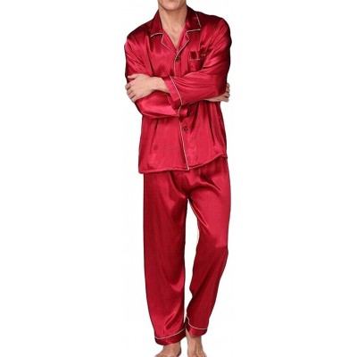 Sleep Sets Men's Silk Satin Pajama Set Long Sleeve Classic Luxury Sleepwear Home Clothes - Red - C519CQ4QQQA