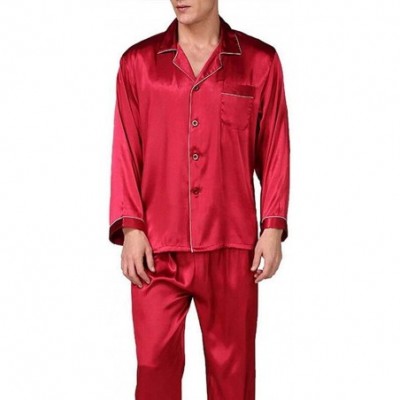 Sleep Sets Men's Silk Satin Pajama Set Long Sleeve Classic Luxury Sleepwear Home Clothes - Red - C519CQ4QQQA