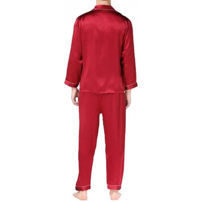 Sleep Sets Men's Silk Satin Pajama Set Long Sleeve Classic Luxury Sleepwear Home Clothes - Red - C519CQ4QQQA