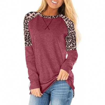 Thermal Underwear Women's Long Sleeve Leopard Printed Color Block Tunic Comfy Round Neck T Shirt Tops - Red - CW1932LMO0Q