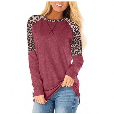 Thermal Underwear Women's Long Sleeve Leopard Printed Color Block Tunic Comfy Round Neck T Shirt Tops - Red - CW1932LMO0Q