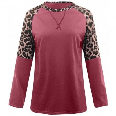 Thermal Underwear Women's Long Sleeve Leopard Printed Color Block Tunic Comfy Round Neck T Shirt Tops - Red - CW1932LMO0Q