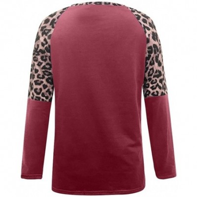 Thermal Underwear Women's Long Sleeve Leopard Printed Color Block Tunic Comfy Round Neck T Shirt Tops - Red - CW1932LMO0Q