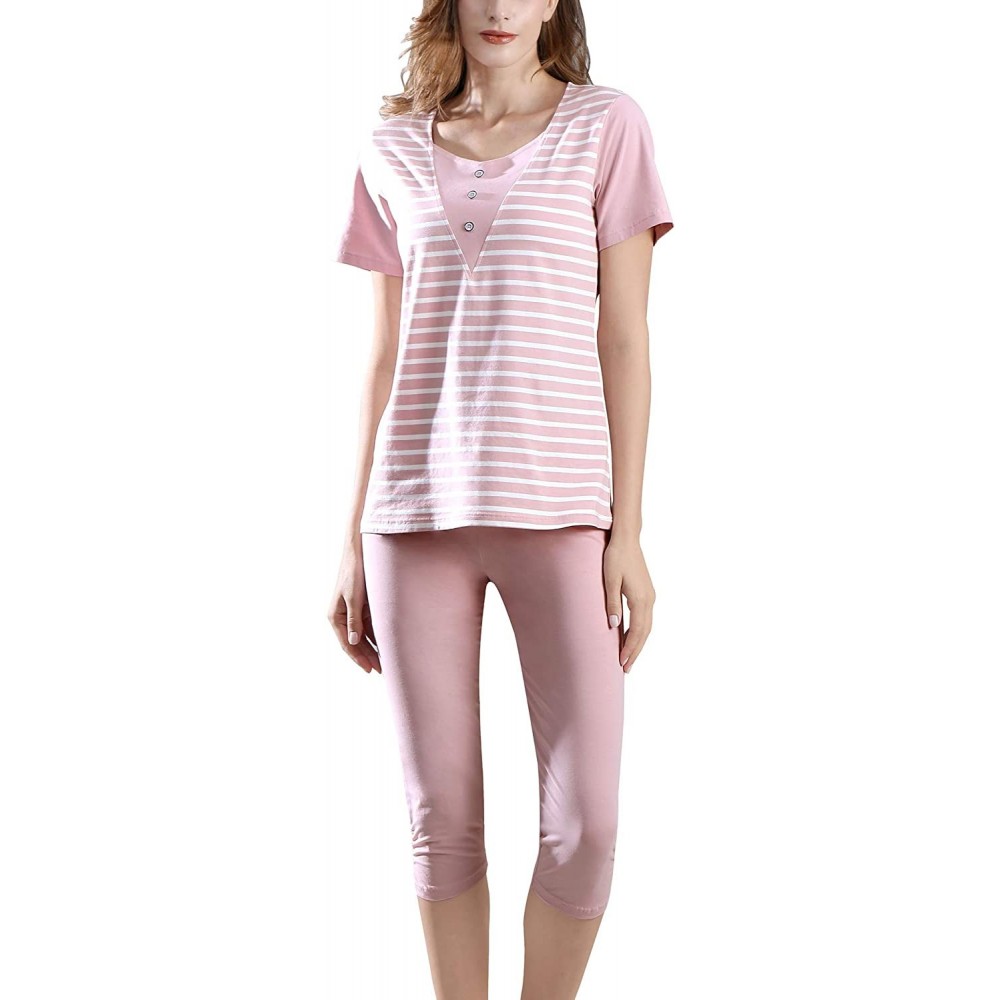 Sets Women's Capri Pajama Set Cotton Short Sleeve Sleepwear Striped Pjs Sets Top with Pants - Pink - CR193YQ09OU