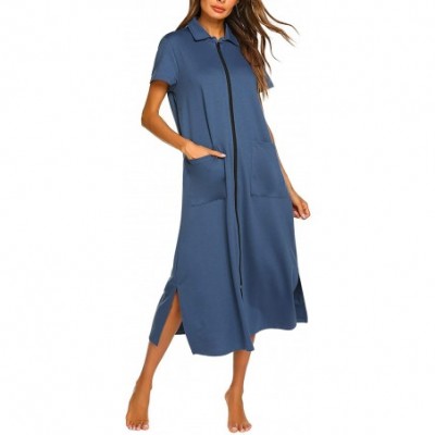 Robes Women Zipper Robe Short Sleeve House Dress Full Length Sleepwear Duster Housecoat with Pockets - Navy - CX18QN30QGC