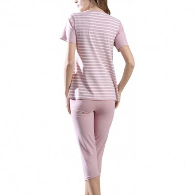 Sets Women's Capri Pajama Set Cotton Short Sleeve Sleepwear Striped Pjs Sets Top with Pants - Pink - CR193YQ09OU