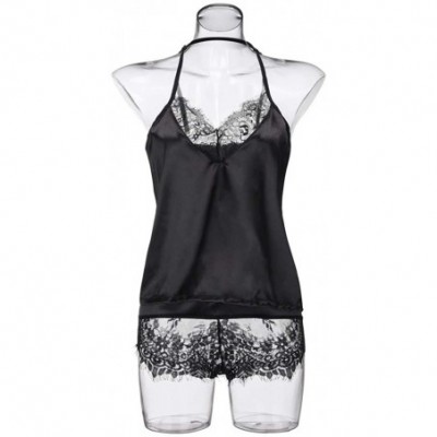 Thermal Underwear Women's Sleeveless Lace Trim Sleepwear- Shorts Satin Lingerie Top Pajama Set - Black - CQ18Q9W9NR8