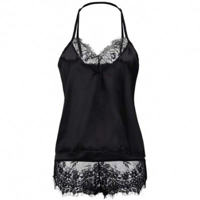 Thermal Underwear Women's Sleeveless Lace Trim Sleepwear- Shorts Satin Lingerie Top Pajama Set - Black - CQ18Q9W9NR8