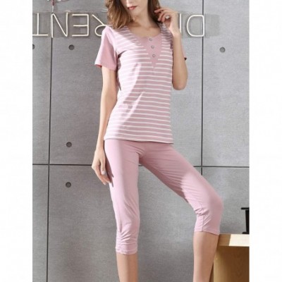 Sets Women's Capri Pajama Set Cotton Short Sleeve Sleepwear Striped Pjs Sets Top with Pants - Pink - CR193YQ09OU