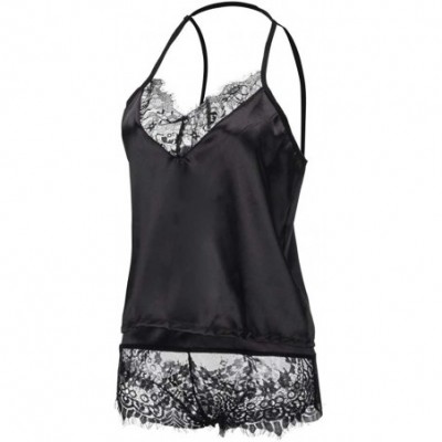 Thermal Underwear Women's Sleeveless Lace Trim Sleepwear- Shorts Satin Lingerie Top Pajama Set - Black - CQ18Q9W9NR8