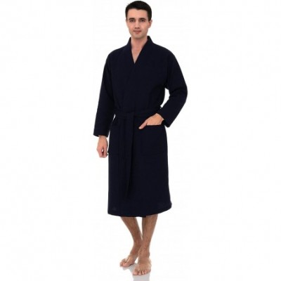 Robes Men's Waffle Weave Robe Cotton Spa Bathrobe Made in Turkey - Navy - CG12N8PAQOQ