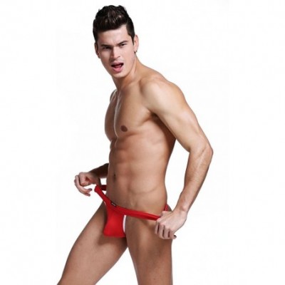 G-Strings & Thongs Men's Nylon Butt Hollow Underwear Thong G-String Soft Low Rise Briefs - Red - CQ12GWKPBRF