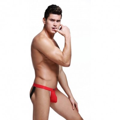 G-Strings & Thongs Men's Nylon Butt Hollow Underwear Thong G-String Soft Low Rise Briefs - Red - CQ12GWKPBRF