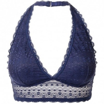 Bras Women's Lace Bralette Plunge Halter Longline Top Wirefree Bra - Navy - C318DXIIMK6