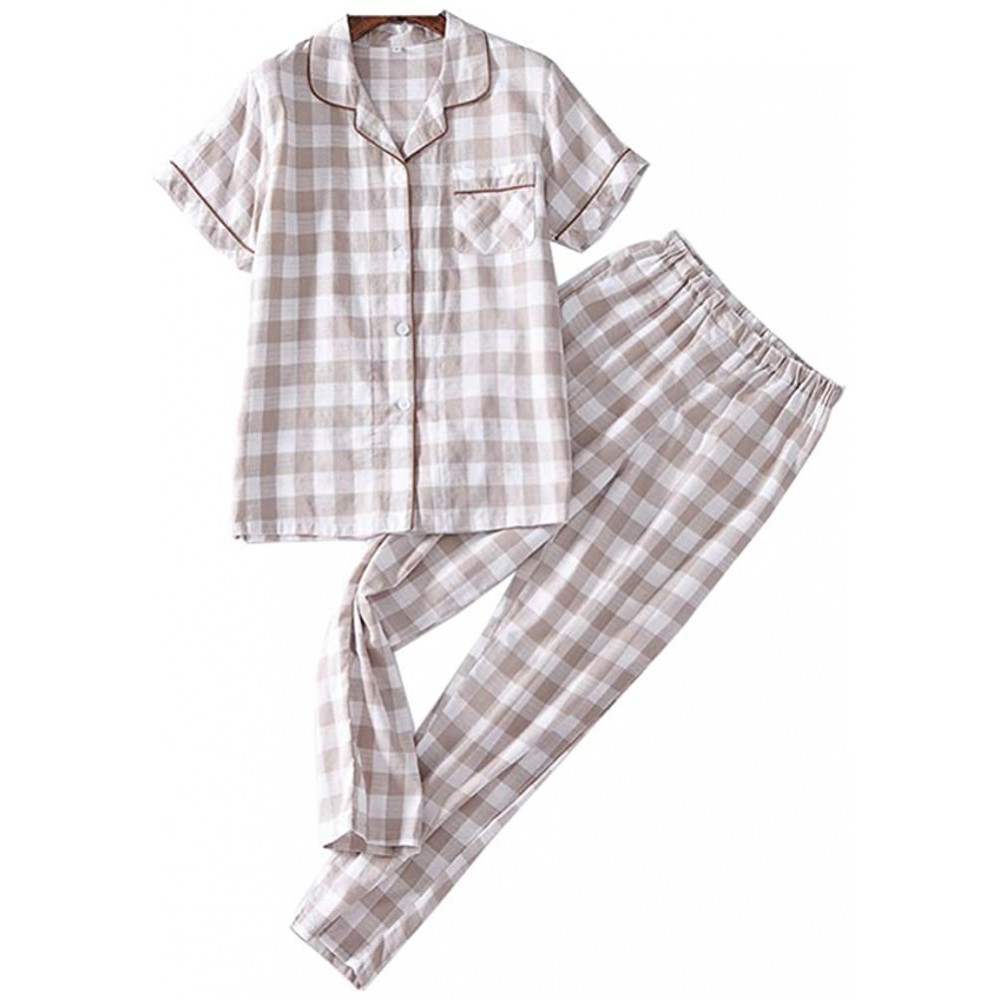 Sets Soft Plaid Pajamas for Women Cotton Button Down Pajama Set 2 Piece Shorts Pants Shirt - B yellow - C018TCIS2XC