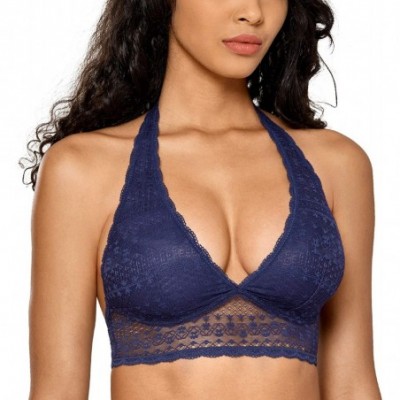 Bras Women's Lace Bralette Plunge Halter Longline Top Wirefree Bra - Navy - C318DXIIMK6