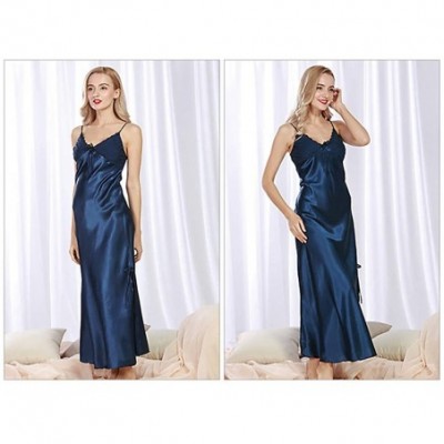 Nightgowns & Sleepshirts Womens Plus Size Imitation Silk Long Nightgown Lace Satin Sleepwear Sleeveless Chemise Deep V Neck N...