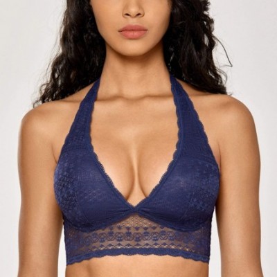 Bras Women's Lace Bralette Plunge Halter Longline Top Wirefree Bra - Navy - C318DXIIMK6