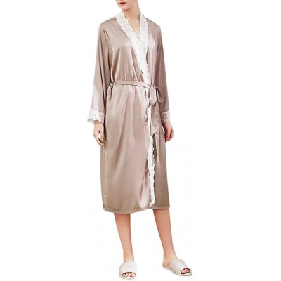 Robes Satin Robe for Women Long Kimono Bathrobes Sexy Lace Babydoll Bridal Nightdress 1920s Silk Nightgown Outfit Khaki - CH1...