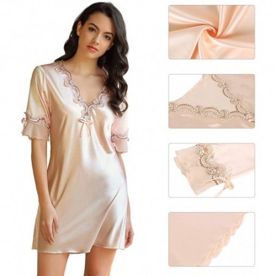 Baby Dolls & Chemises Women Lingerie V Neck Satin Chemise Short Sleeve Nightgown Sleepwear - Gold - CX195AKRK50